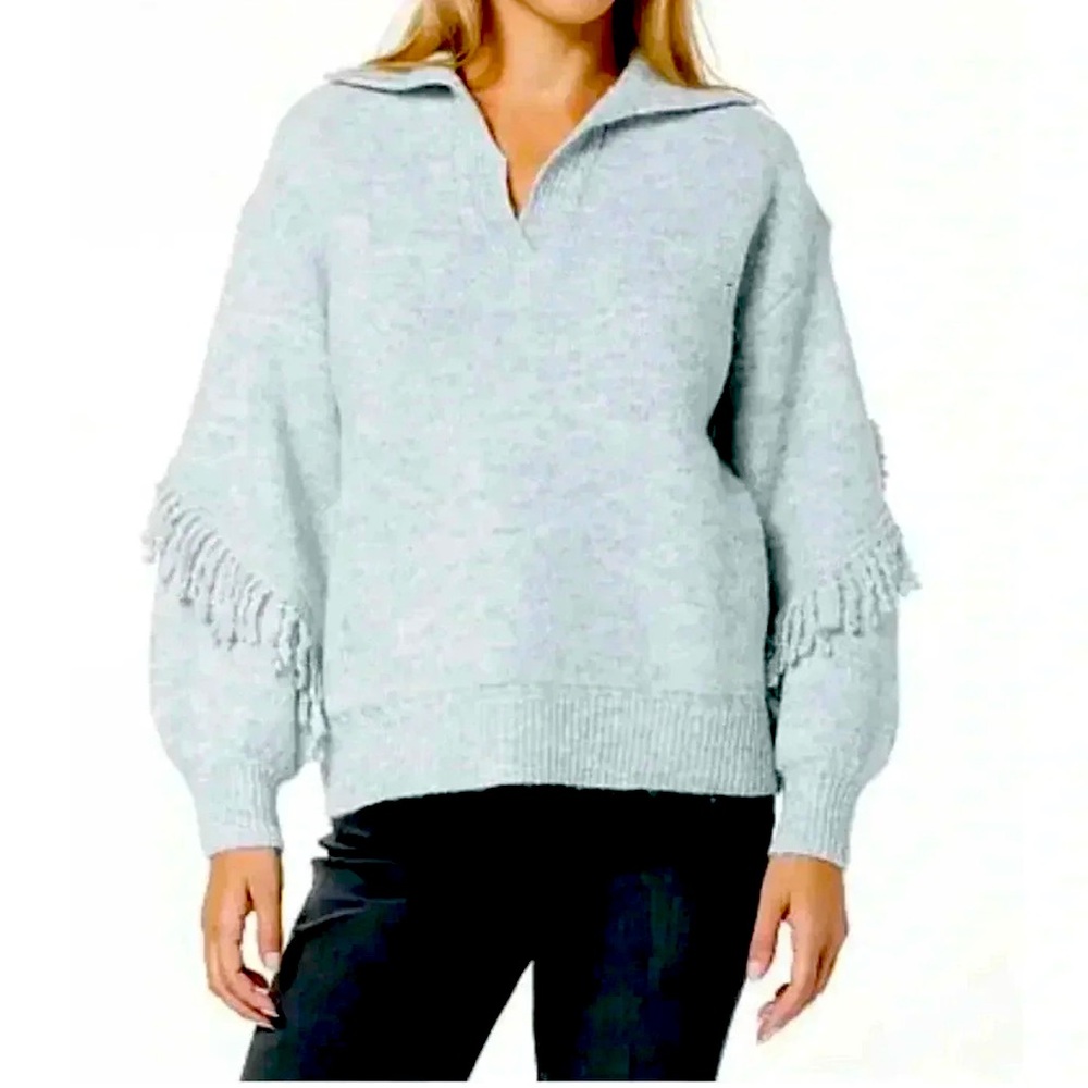 Democracy Long Blouson Sleeve Cascading Fringe Sweater Heather Grey size large